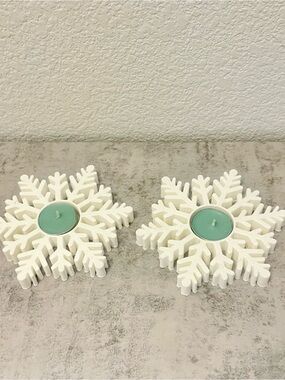 White Snowflake Teal Tea Light Holders - Decorative Holiday Set